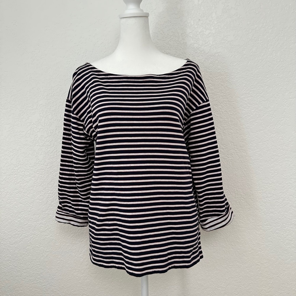 J.Crew Striped Boat Neck Top Shirt Women M Navy White 3/4 Sleeves Casual T-Shirt